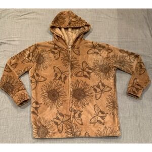 Fleece Jacket Women's Small Hood Oversized Full Zip Soft Butterflies Flowers